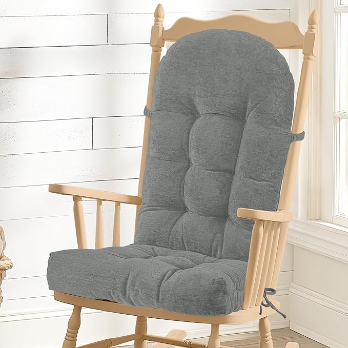 Rocking Chair Cushion - Chenille Fabric, High-Density Sponge, Durable Comfort Double-Sided Tufted Seat Pads with Ties, Chenille︱Traffic Grey, 44x19x4 inch
