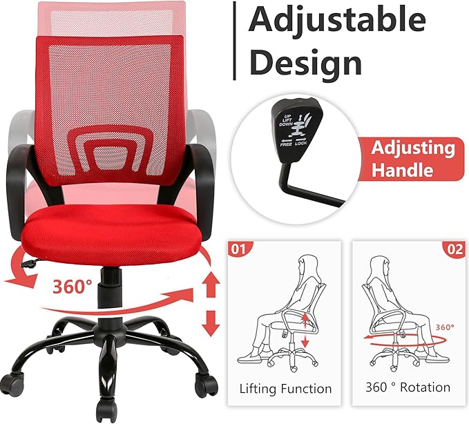 PayLessHere Office Computer Chair Ergonomic Cheap Desk Chair Adjustable Comfortable Mid Back Task Rolling Swivel with Lumbar Support for Home Office Desk, Red