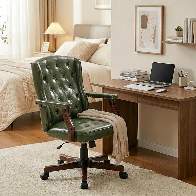 Executive Office Chair, Ergonomic Faux Leather Desk Chair with Wingback Design, Swivel Adjustable Home Office Chair for Computer Desk, Comfortable Task Chair for Home Office, Dark Green