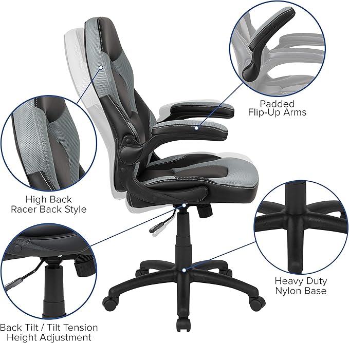 Flash Furniture X10 High-Back LeatherSoft Racing Style Gaming Chair with Flip-Up Arms, Ergonomic Padded Swivel Computer Chair, Gray/Black