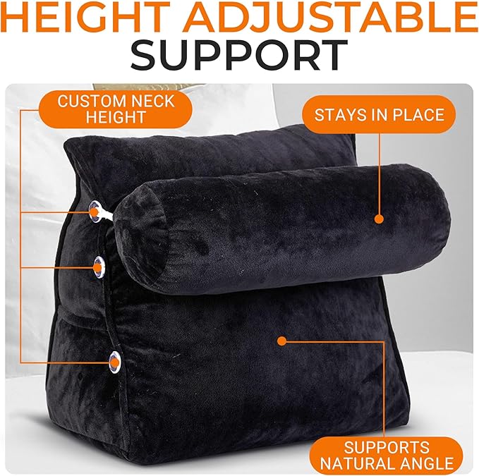 Cheer Collection Reading Wedge Pillow - Adjustable Wedge Reading Pillow with Neck Support, Hollow Fiber-Filled Backrest Pillow for Reading, Gaming, and TV Watching, Black