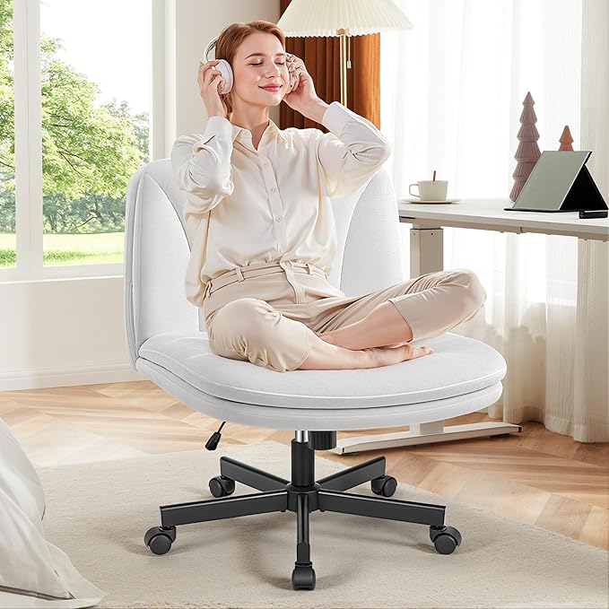 FelixKing Criss Cross Chair with Wheels, Cross Legged Office Chair, Armless Wide Vanity Desk Chair with Comfty Velvet & Back - Swivel Height Ajustable for Home Office Bedroom, Pearl White Velvet