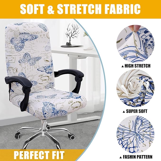 Smiry Stretch Printed Office Computer Chair Covers, Universal Desk Rotating Chair Slipcovers Removable Washable, Soft Fit Anti-Dust Spandex Protector Cover with Zipper, White