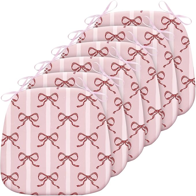 6 Pack Pink Bow Chair Cushions for Dining Chairs 17" x 16" x 2" D-Shaped Breathable Linen Kitchen Chair Pads with Ties Washable Non Slip Seat Cushion for Dining Kitchen Office Indoor