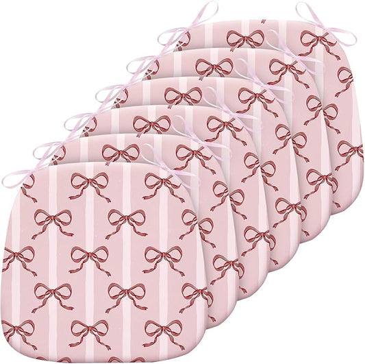6 Pack Pink Bow Chair Cushions for Dining Chairs 17" x 16" x 2" D-Shaped Breathable Linen Kitchen Chair Pads with Ties Washable Non Slip Seat Cushion for Dining Kitchen Office Indoor