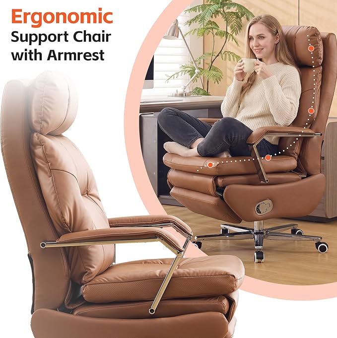 Big and Tall Executive Office Chairs with Footrest, Ergonomic 360° Swivel Desk Chair High Back Recliner, Manual 150° Reclining Computer Gaming Chair with Wheels for Home Office Faux Leather, Brown