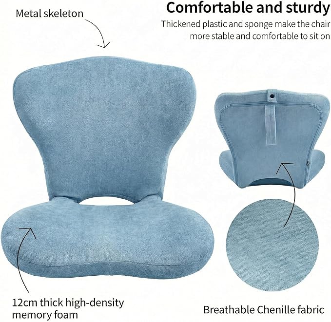 Adjustable Foldable Chair Cushions with Backrest, Lumbar Support Cushion with Detachable Headrest Pillow, Ergonomic Support Seat Cushion Chair for Office, Home, Car & Floor Sitting (Blue)