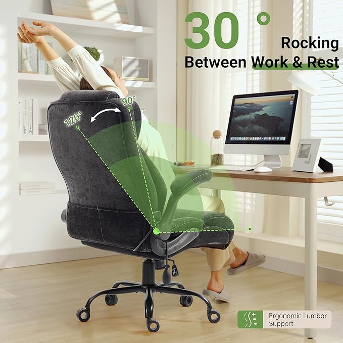 Office Chair, Big and Tall Executive Chairs with Lumbar Support for Back Pain, Breathable Fabric Desk Computer Chair with Adjustable Flip-up Armrests,Wide Cushion Swivel Home Office Chair Black,Black