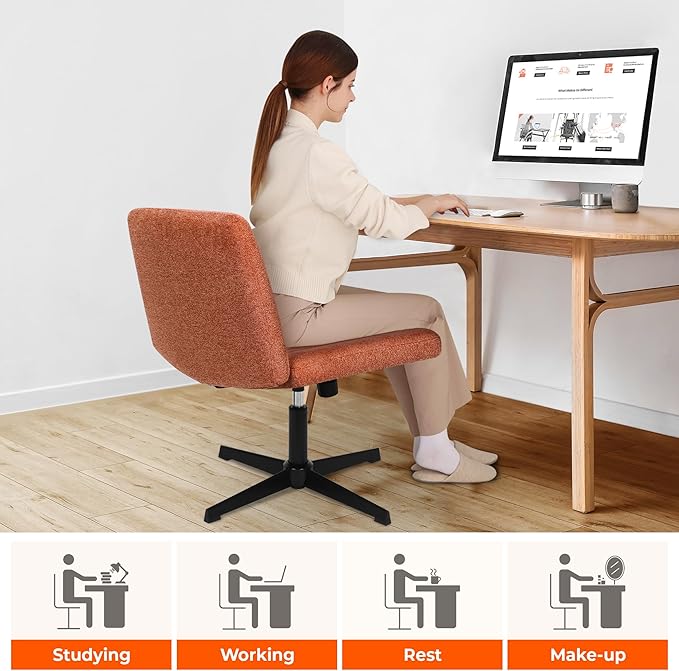 NEO CHAIR Criss Cross Chair No Wheels Armless Cross Legged Office Desk Wide Comfy Vanity Makeup Chair Adjustable Computer Task for Home Office Fabric (Brown)