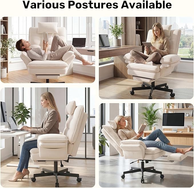 Criss Cross Office Chair with Flip-Up Armrests and Headrest, 135° Reclining Swivel Velvet Criss Cross Chair with Wheels & Foot Rest, Big and Tall Cloud Cross Legged Office Chair for Home, Cream