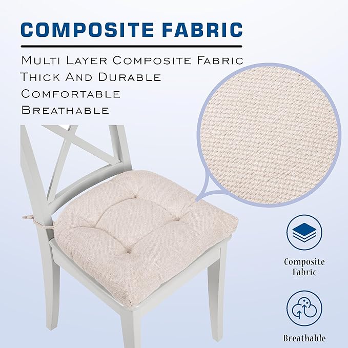 SQUARE MOON D-Shaped 3" Thick Chair Cushions, Chair Pads for Dining Chairs and Kitchen Chairs, Indoor Dining Room Seat Cushions with Ties, Machine Washable, 17" x 16" x 3", 4/Pack, Ivory