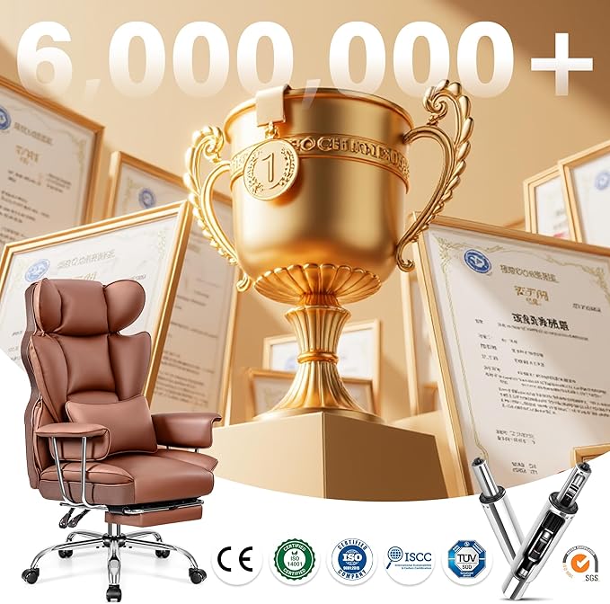 ALLGOD Office Chair Comfy, Big and Tall Executive Leather Chair, High Back Ergonomic Wide Chair with Footrest, Reclining Computer Desk Chair, Heavy Duty Gaming Chair with Padded Arm and Pillow, Brown