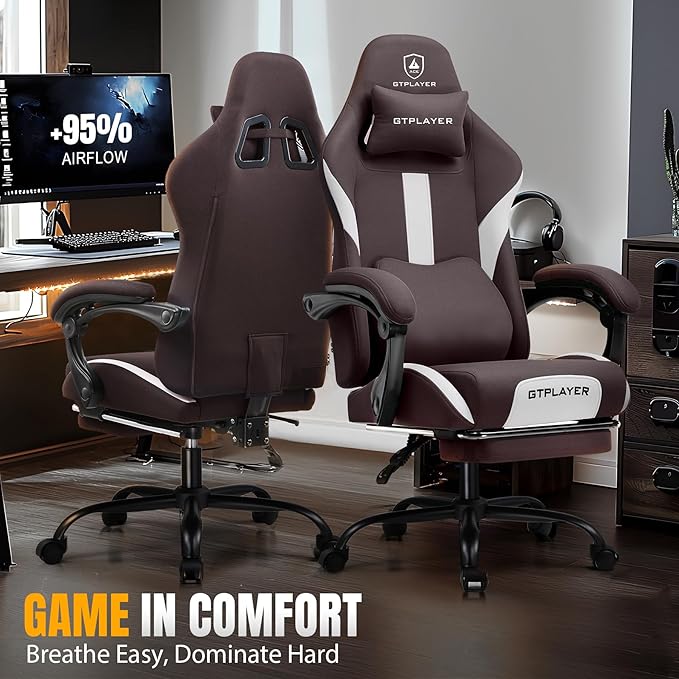 GTPLAYER Gaming Chair with Foot Rest & Pocket Spring Cushion, Ergonomic High Back Computer Desk Chair with Headrest & Lumbar Support for Back Pain Relief, Breathable Fabric, Brown
