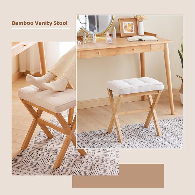 Foot Stool Small Ottoman Foot Rest Padded Foot Stool Desk for Under Office Desk Vanity Stool Bamboo Footstool Sofa Footrest Shoe Stool Small Foot Stools (Natural Legs + Beige)