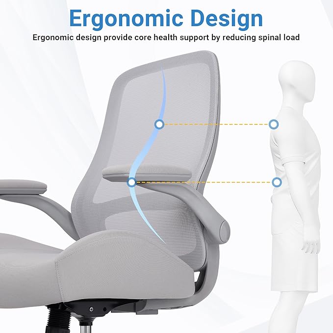 HYLONE Office Chair Ergonomic Desk Chair with Flip up Armrests, 5" Thickened Seat Computer Chair with Breathable Mesh Back Home Office Computer Chairs for Long Hours Mesh Executive Chair(Grey)