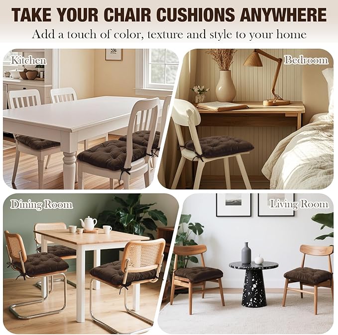 Nuanchu Memory Foam Chair Cushions Set of 4, Thick Indoor Seat Cushions for Dining Chairs Tufted Seat Pads for Kitchen, Dining Room, Office,(Dark Brown,16.5"x16.5"x4")