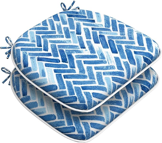 DYTXIII Set of 2 Outdoor Chair Cushions with Ties,Water Repellent Patio Chair Pads 17"x 16" for Outdoor Furniture,Round Corner Seat Cushions for Garden Yard Kitchen Blue Bricks