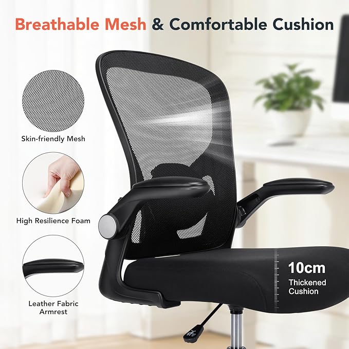 Drafting Chair, Tall Office Chair for Standing Desk, Mesh High Desk Chair with Flip-Up Armrests, Ergonomic Office Chair with Lumbar Support, Adjustable Footrest Ring Studio Chair, Black