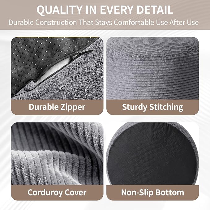 26" x 26" x 22" Large Stuffed Pouf Ottoman, Round Foot Rest with Odorless Filling, Soft & Cozy Corduroy Foot Stool for Living Room, Bedroom, Office, Room Decoration (Dark Grey)