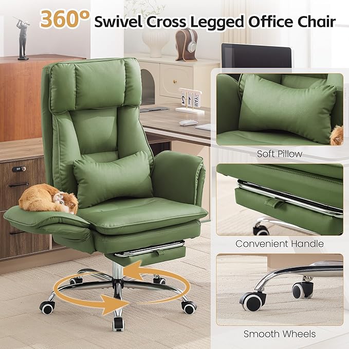 Big and Tall Office Chair, Cloud Reclining Office Chair with Footrest & Flip Armrest for Pets, Executive Ergonomic Criss Cross Desk Chair, Swivel Computer Gaming Chair with Lumber Pillow, PU Green