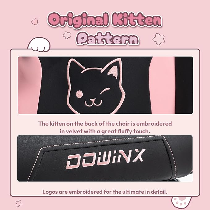 Dowinx Gaming Chair Cute with Cat Ears and Paw Lumbar, Ergonomic Computer Chair for Girl with Footrest and Headrest, Comfortable Reclining Game Chair 292lbs for Adult, Teen, Black