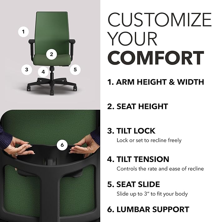 HON Ignition 2.0 Mid Back Task Chair, Spectrum Mesh, Standard Synchro-Tilt Control, Office Chair with Lumbar Support, Height and Width Adjustable Arms, Black Frame, Leaf