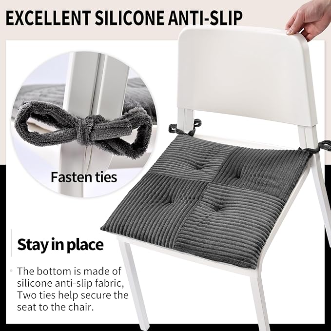 Office Stacking Chair Cushion with Ties, Corduroy High Density Foam Non-Slip Kitchen Seat Cushion, Square 17" x 17" Indoor Dining Chair Pads, Grey, 1 PCS