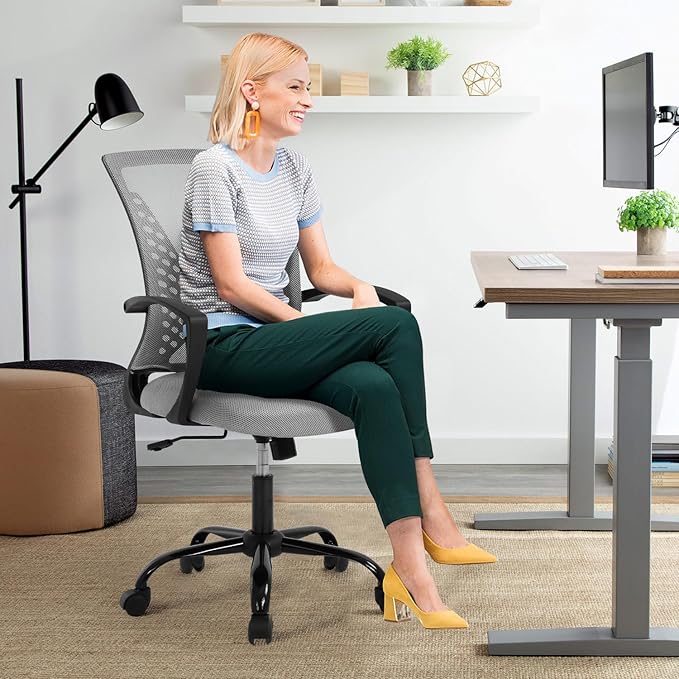 Mid Back Office Chair with Lumbar Support - Breathable Mesh Computer Chair for Desk, Ergonomic Adjustable Swivel Chair with Arms, Home & Office Use, Fits Small Spaces (Grey)