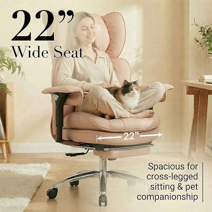 Efomao Big & Tall Executive Office Chair with Footrest - 400lbs Heavy Duty High Back PU Leather Desk Chair, Modern Ergonomic Reclining Computer Chair, Pink