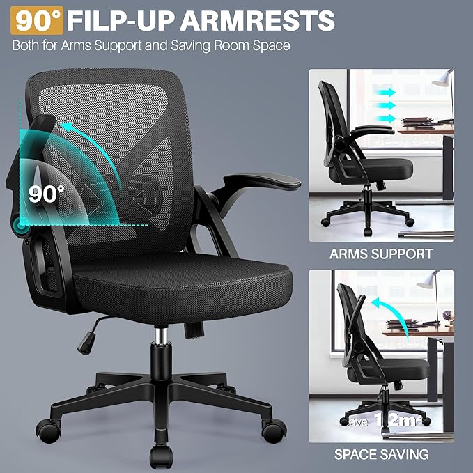 FelixKing Office Chair - Ergonomic Desk Chair Breathable Mesh Task with Wheels and Lumbar Support Home Desk Office Chairs with Flip up Armrest Rolling Swivel for Home Computer Black Pack of 2