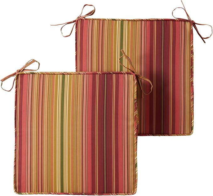 Outdoor 18 inch Square Patio Dining Chair Pads – Comfortable Fiber-Filled Seat Cushions with Ties, Reversible Polyester Fabric - Kinnabari Stripe, Set of 2