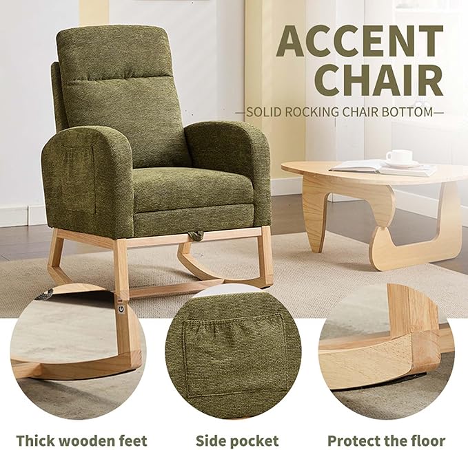 40" Fabric Nursing Rocking Chair, Nursery Chairs with Adjustable Foot Rest, High Backrest Upholstered Arm Chair with Side Pockets, Wood Rocking Chair for Living Room, Bedroom, Baby Room (Cyan)