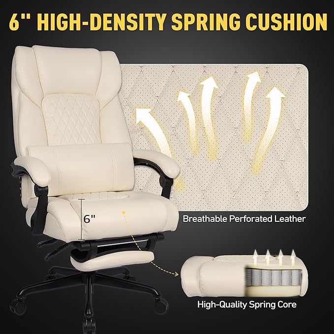 3D Kneading Massage Office Chair with Heat, 500 lbs Big and Tall Executive Computer Desk Recliner, Leather Electric Heated Office Chairs with Massage & Footrest