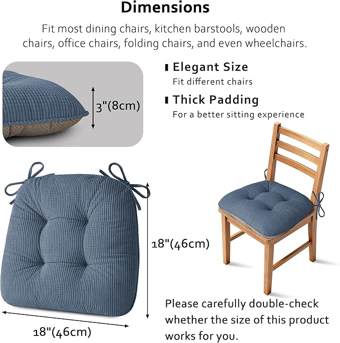 ELFJOY Dining Chair Cushions Set of 2 Thick Non Slip Kitchen Chair Pads with Ties Comfortable Indoor Kitchen Seat Cushions (18" x 18" x 3" Light Blue)