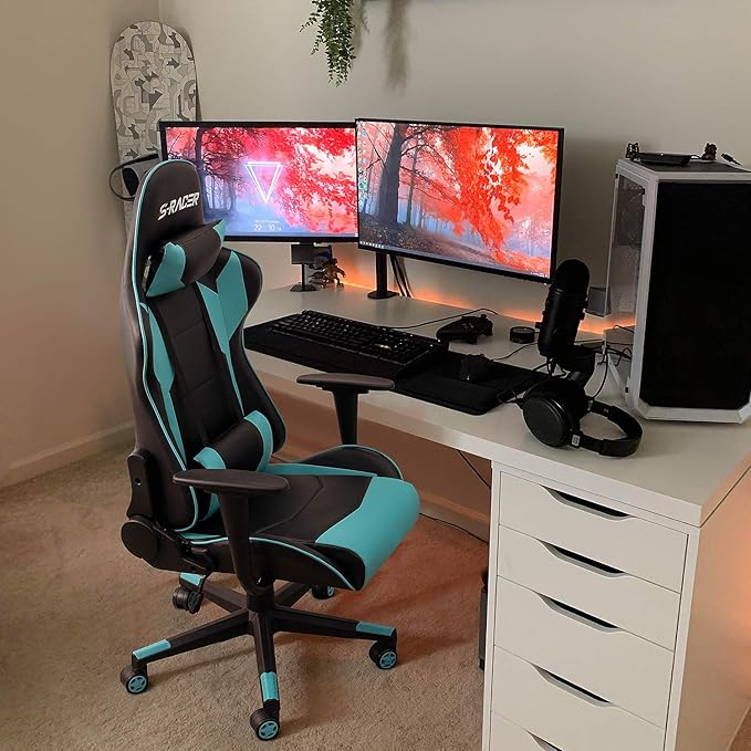 Homall Gaming Chair, Office Chair High Back Computer Chair Leather Desk Chair Racing Executive Ergonomic Adjustable Swivel Task Chair with Headrest and Lumbar Support(Cyan)