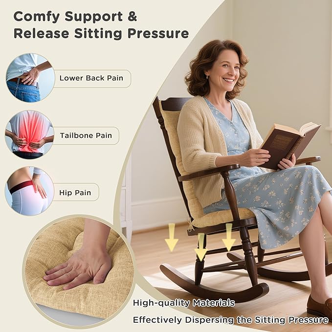 AddGrace Rocking Chair Cushions Indoor Tufted Cushions for Rocking Chairs with Ties Comfortable Textured Fabric Set of Seat & Back Cushion 21x17/17x17 Khaki
