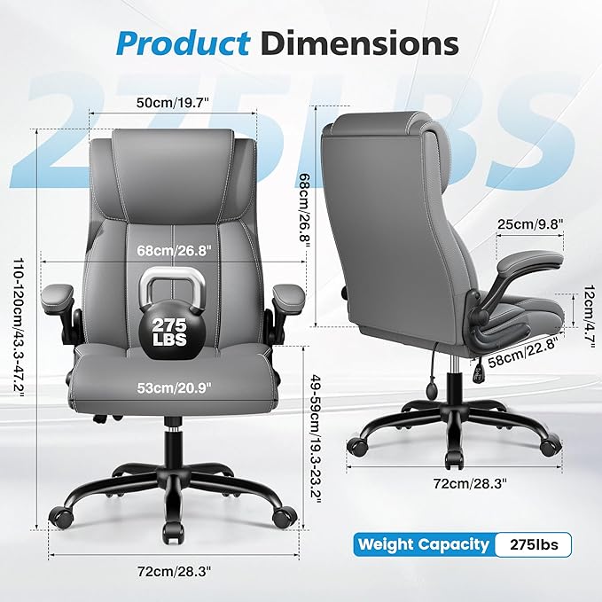 Ergonomic Office Chair – High Back Computer Desk Chair with Inflatable Lumbar Support & Flip-Up Arms, Heavy Duty PU Leather Executive Chair, Wide Seat, Long Hours, Light Gray