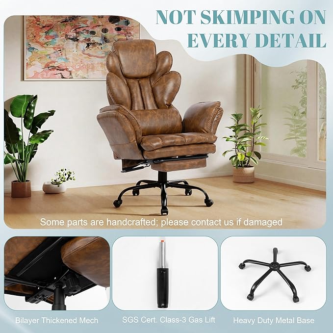Big and Tall Office Chair, Flip Armrests Criss Cross Office Chair, Reclining Desk Chair with Foot Rest, Adjustable Headrest, Massage Waist Pillow Cross Legged Wide Seat Vanity Chair, PU Leather Brown