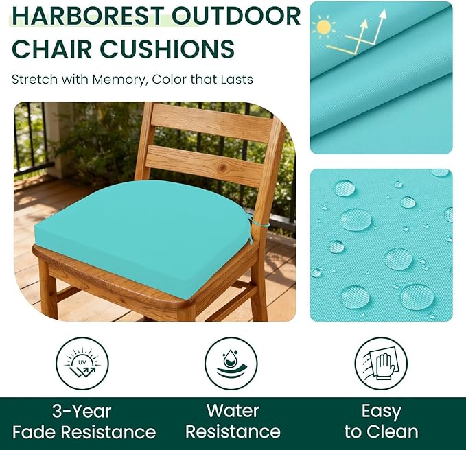 HARBOREST Outdoor Chair Cushions Set of 4, Water Resistant Patio Chair Cushions with Ties, Outdoor Seat Cushions for Patio Furniture, 17"x16"x2", Teal