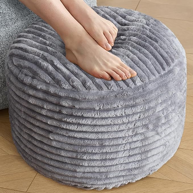 SHOUREN Stuffed Round Ottoman,Corduroy Pouf Ottoman Foot Rest with Foam Filling,Pouf Storage Ottoman Footstool for Living Room,18 X 14 Floor Poufs for Couch - 18 X 14 Inches,Dark Grey