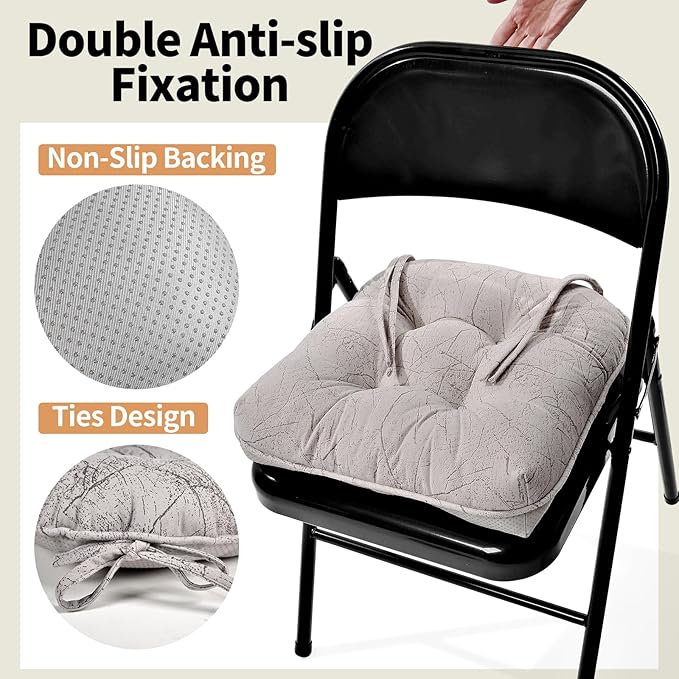 Marble Pattern 3" Chair Cushion for Dining Chair, Filling Bite-Size Memory Foam U-Shaped Seat Cushions for Kitchen Chairs, Non-Slip Indoor Chair Pad with Ties, Set of 4, Wood Color
