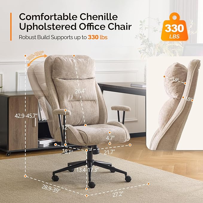 VINGLI Chenille Executive Ergonomic Fabric Office Chair with 100-130° Recline, High-Back Desk Chair with Adjustable Base & Padded Back & Wheels, Comfy Chair for Gaming,Computer,Home Office,Light Khaki