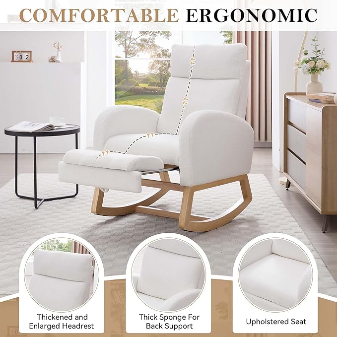 40" Teddy Nursing Rocking Chair, Nursery Chairs with Adjustable Foot Rest, High Backrest Upholstered Arm Chair with Side Pockets, Wood Rocking Chair for Living Room, Bedroom, Baby Room (White)