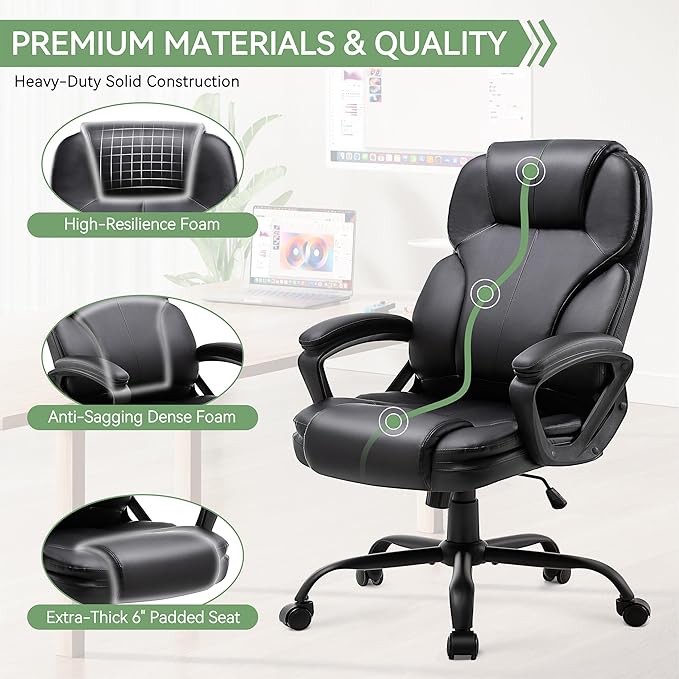 Ergonomic Office Chair with High Back, Comfy Desk Chair, Adjustable Executive Office Chair for Home Office, Big and Tall Computer Chair Heavy Duty, Set of 4, Faux Leather Black