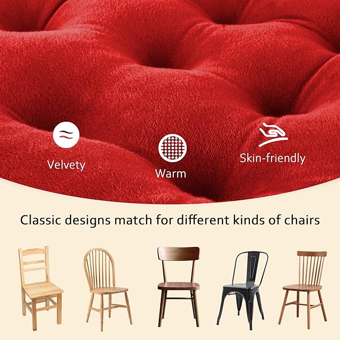 ELFJOY 4 Pack Chair Cushions for Dining Chairs Chair Pads Cushion for Kitchen Office Tufted Square Seat Cushion with Ties (U Shape Red)
