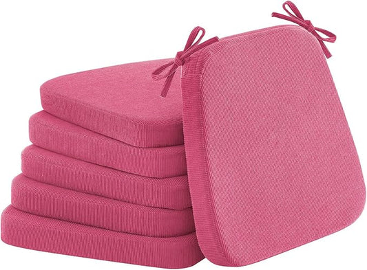 2'' Thick High-Density Foam Indoor Chair Cushions | Dining Chair Pads with Ties, Removable Washable Cover, Kitchen Chair Cushions 17"x16",Rose Red 6 Pack