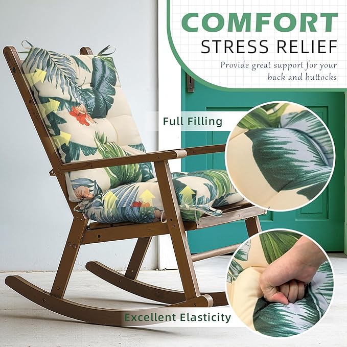 Floral Rocking Chair Cushion Water Resistant Patio Rocker Chairs Replacement Cushions for Porch Garden Outdoor Indoor Beige Green