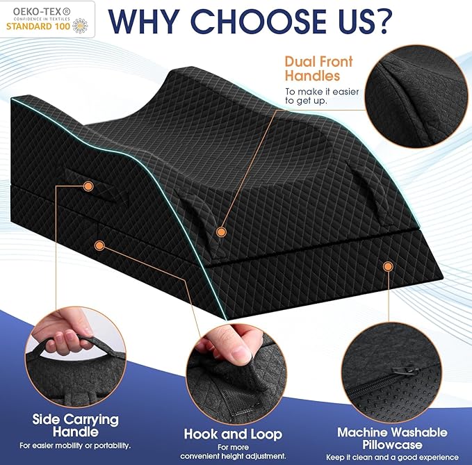 CushZone Leg Pillow, Leg Elevation Pillow with Pad and Memory Foam, Height Adjustable Bolster Pillow for Legs, Leg Pillow Elevation Blood Circulation, for Post-Surgery, Black