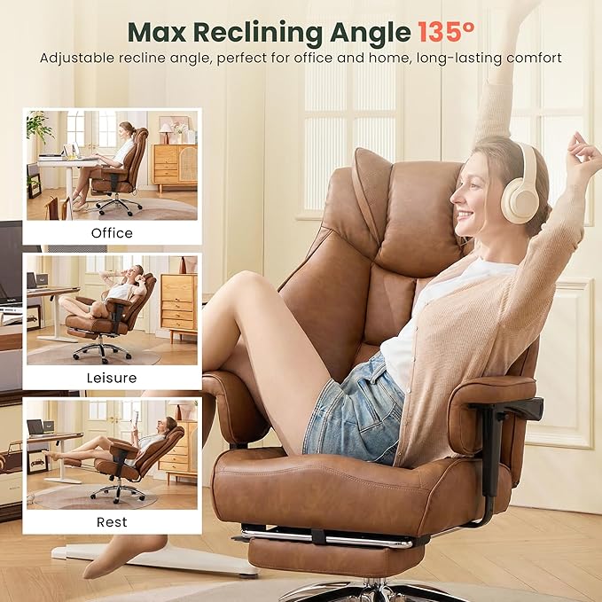 500lbs Big and Tall Office Chair Adjustable Lumbar Support, Extra Wide Seat Ergonomic Gaming Chair with Footrest, Heavy Duty High Back Executive Leather Computer Desk Chair (Brown)