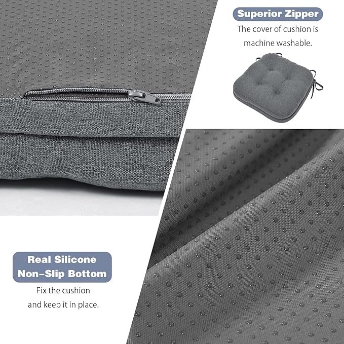 baibu Set of 2 Dining Chair Cushions, Dual-Layer Patent Design Memory Foam Kitchen Chair Cushions, Non-Slip Seat Pads with Ties, 16.5 x 16.5 x 3.5in, 2 Pack, Dark Grey